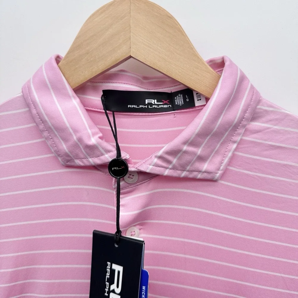 Ralph Lauren RLX Golf M2 Polo Shirt Short Sleeve Striped Pink/White SZ Large NWT